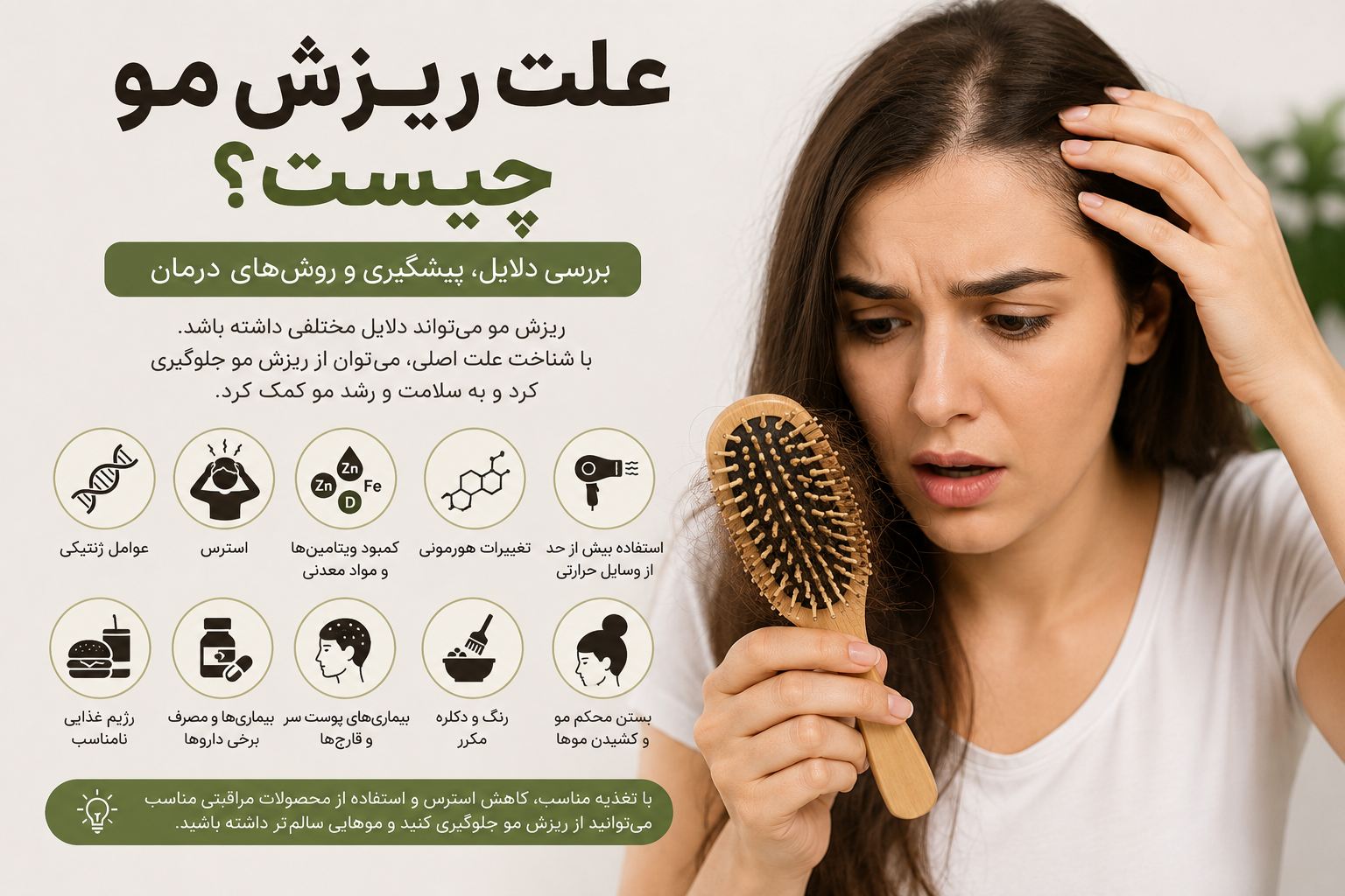 علت ریزش مو چیست؟ راهنمای کامل دلایل، پیشگیری و درمان ریزش مو