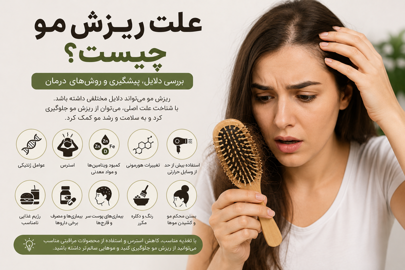 علت ریزش مو چیست؟ راهنمای کامل دلایل، پیشگیری و درمان ریزش مو